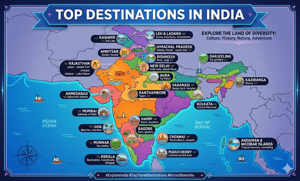 map of top destinations in india