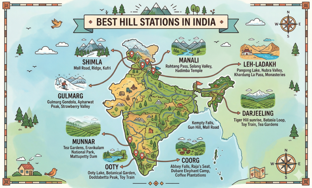 infographic map of best hill stations in india