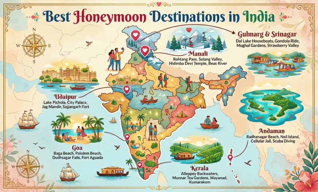 infographic map of best honeymoon destinations in india